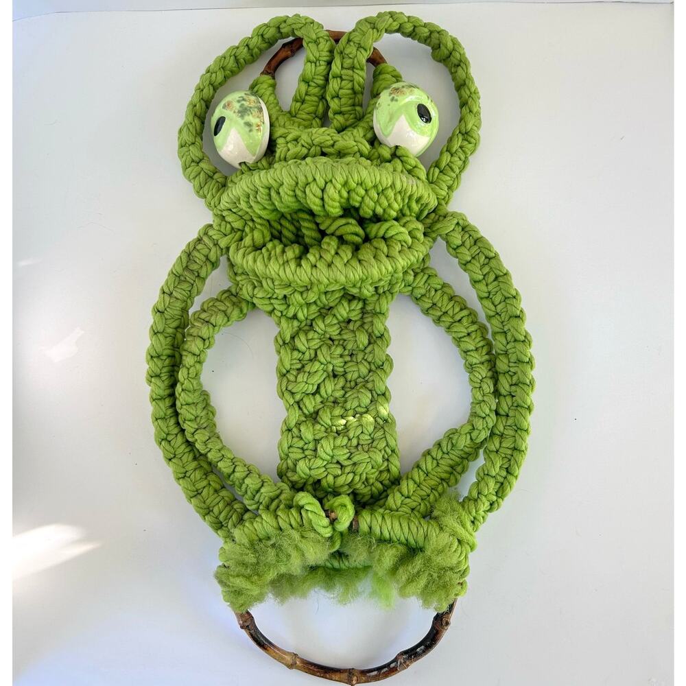 Mid Century Macrame Avocado Green Frog Towel Holder Wall Hanging